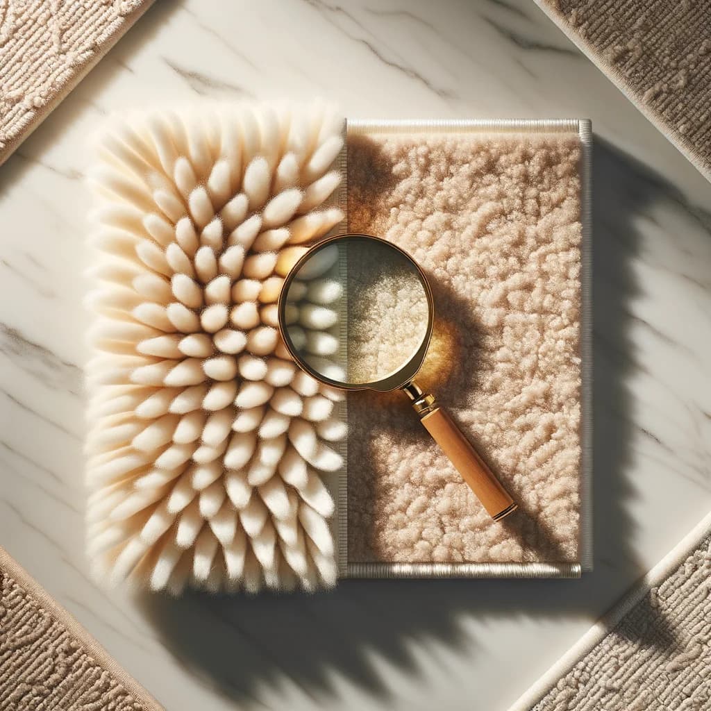 Jämförelse mellan ull- och syntetmatta ovanifrån med förstoringsglas på marmorytan