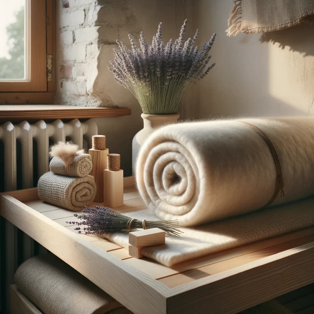 Upprullad ullmatta förvarad med lavendel och cederträ för malskydd i skandinavisk miljö