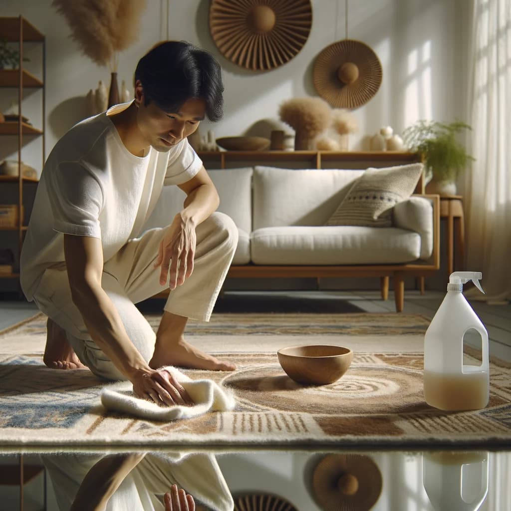 Person som försiktigt deppar en ullmatta med vit trasa i ljust skandinaviskt vardagsrum