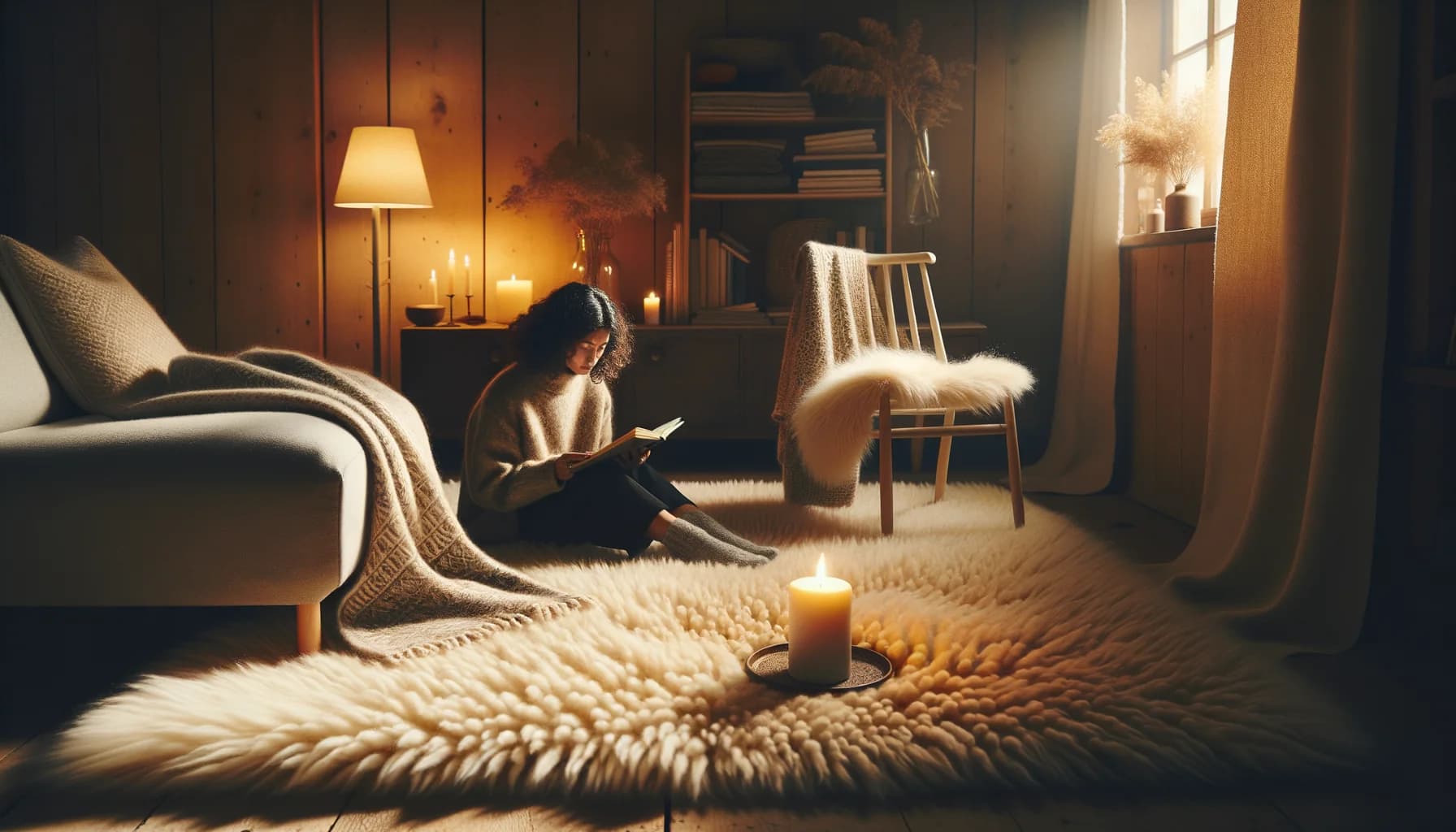 Mysig vinterscen med person som läser bok på tjock ullmatta i skandinaviskt vardagsrum