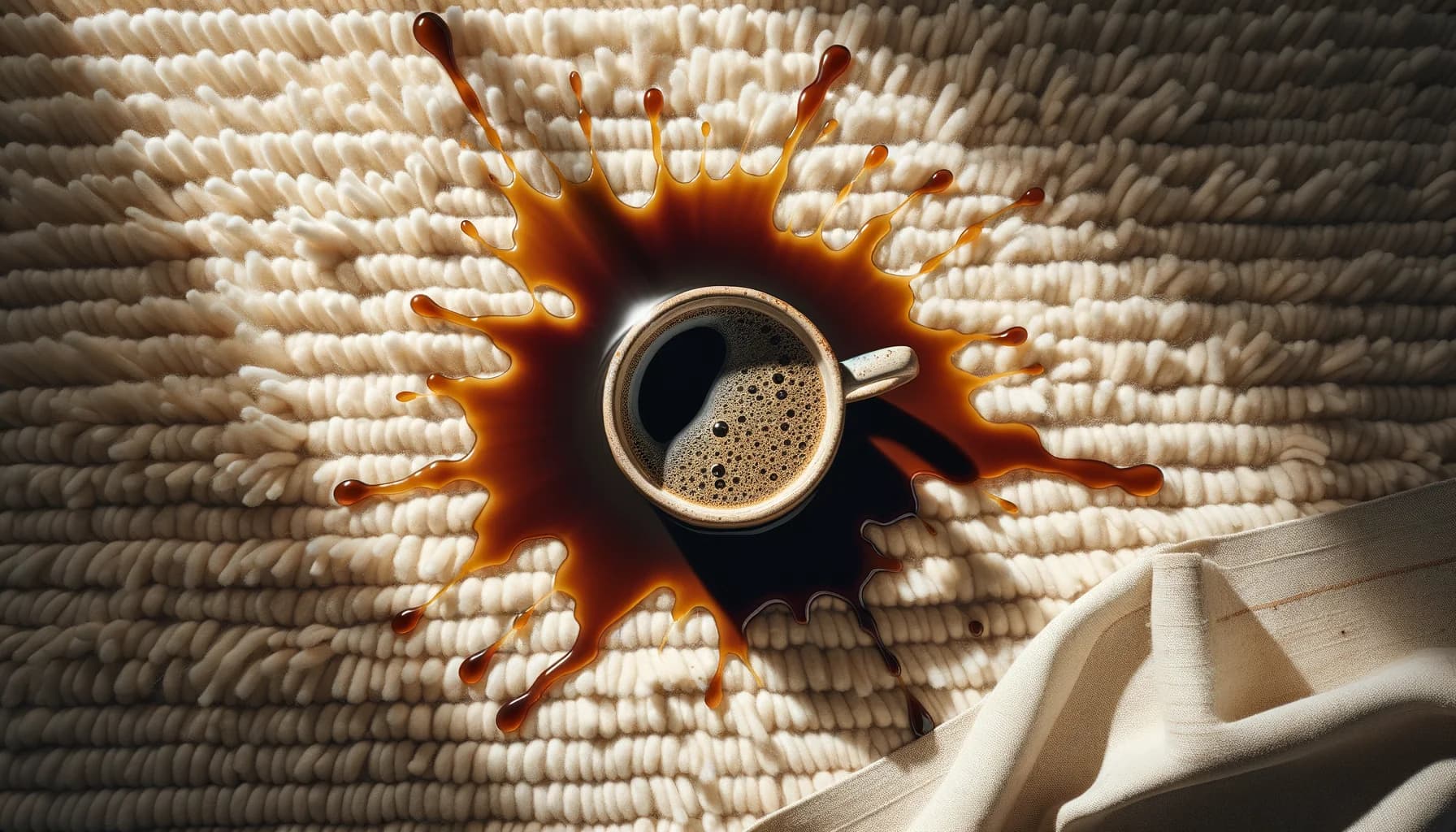 Kaffespill på ljus ullmatta med vit trasa redo att absorbera fläcken