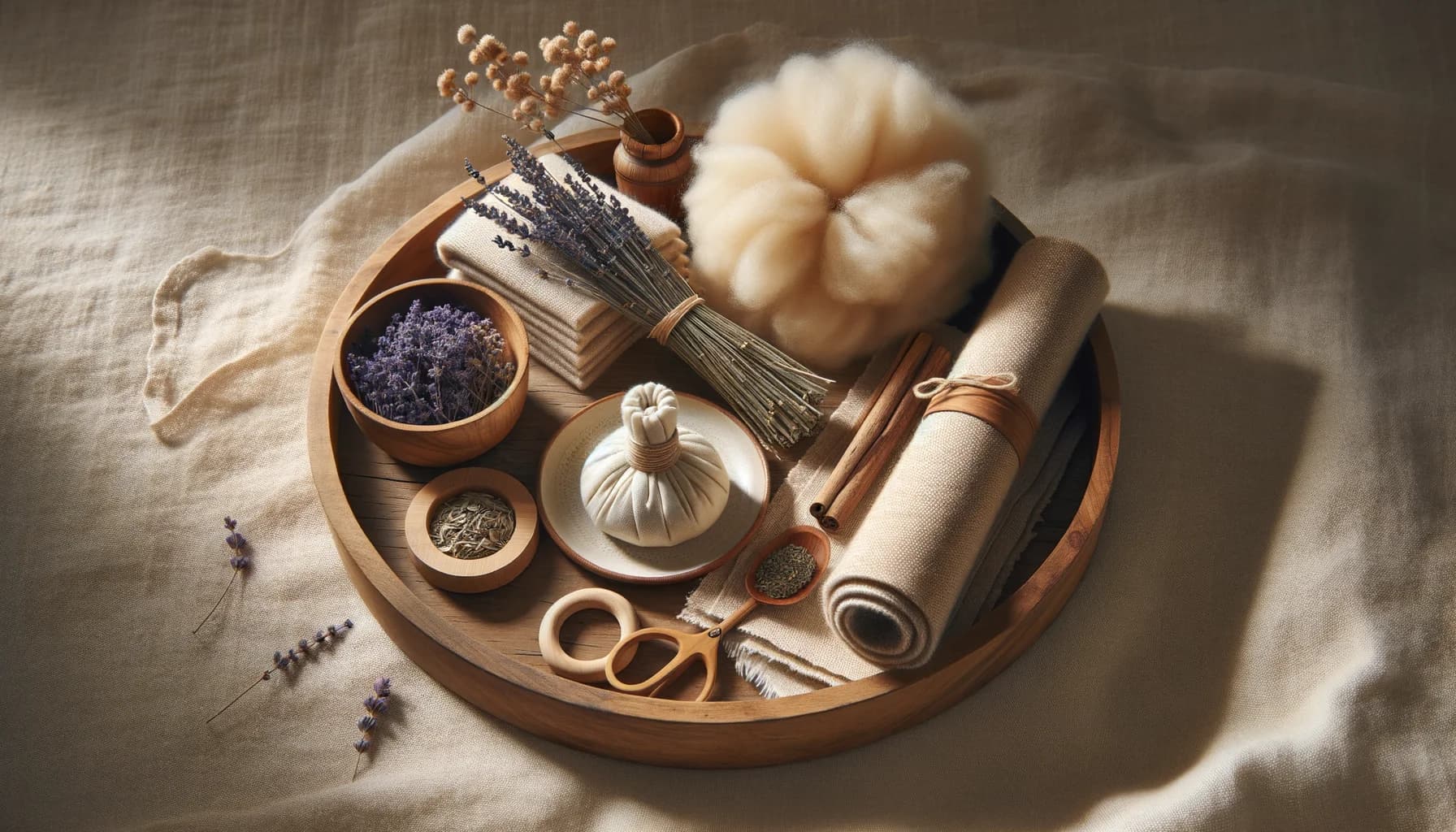 Stilleben med naturliga malskyddsmedel: lavendel, cederträ och ullmatta
