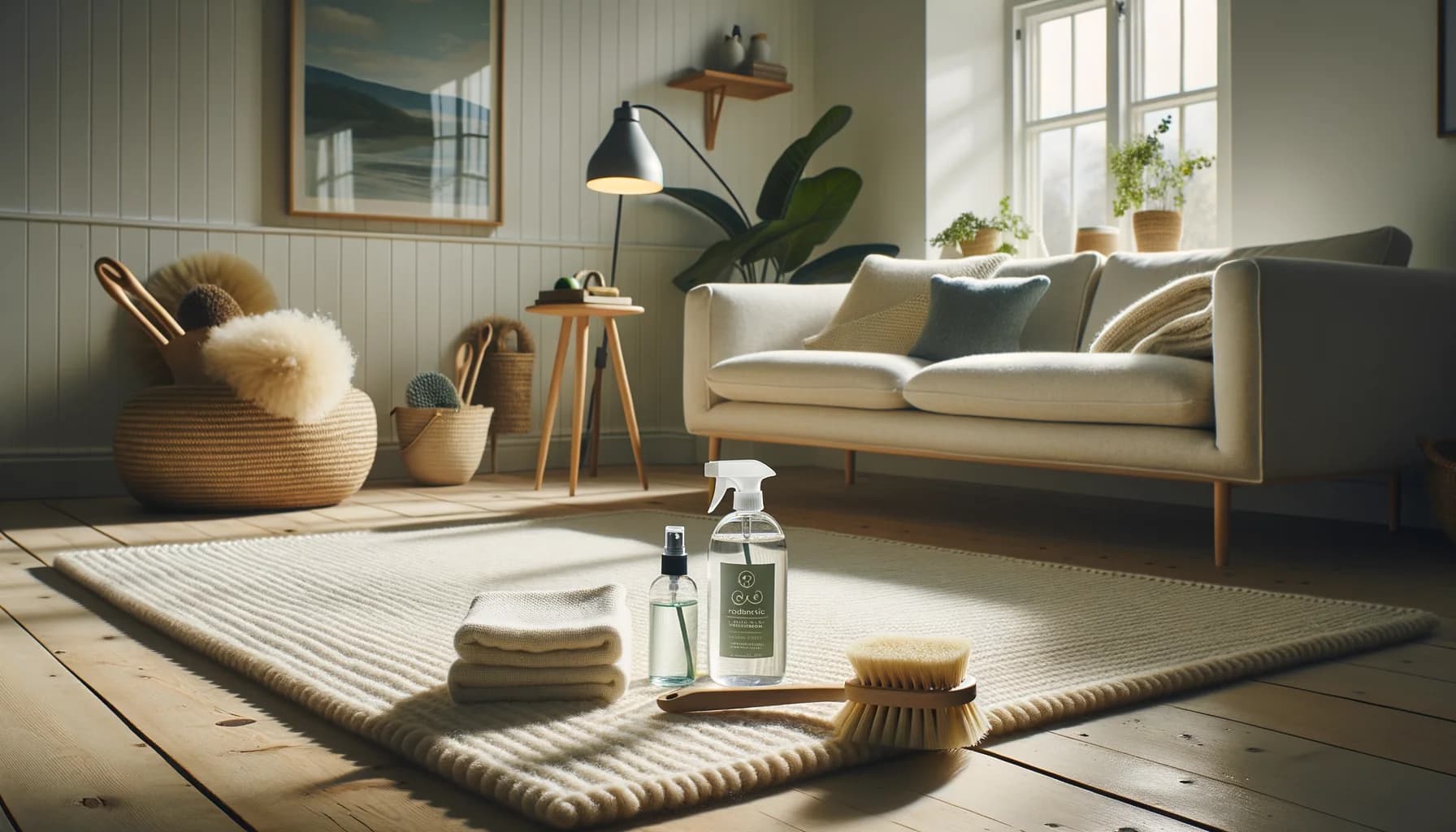 Rengöringsverktyg för ullmatta: borste, sprayflaska och mikrofiberduk på krämvit matta