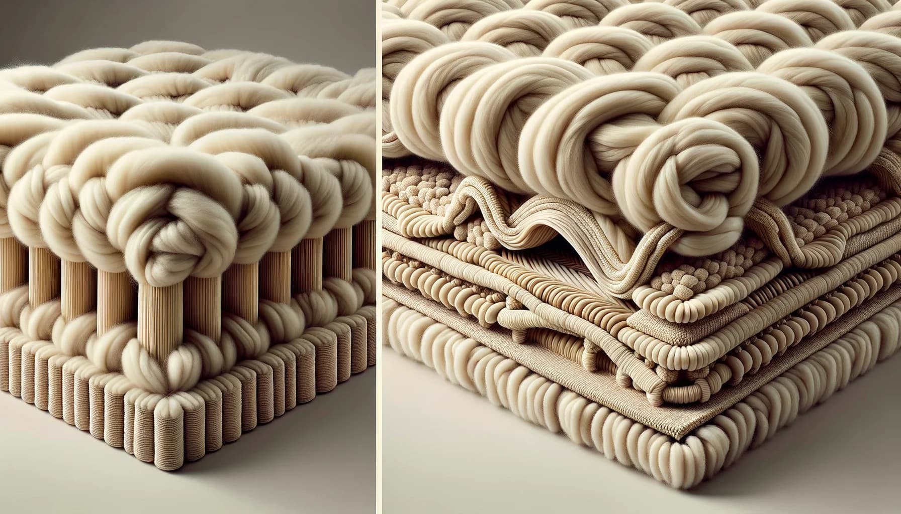 Tvärsnittsjämförelse av tuftad matta med latexbaksida och handvävd matta