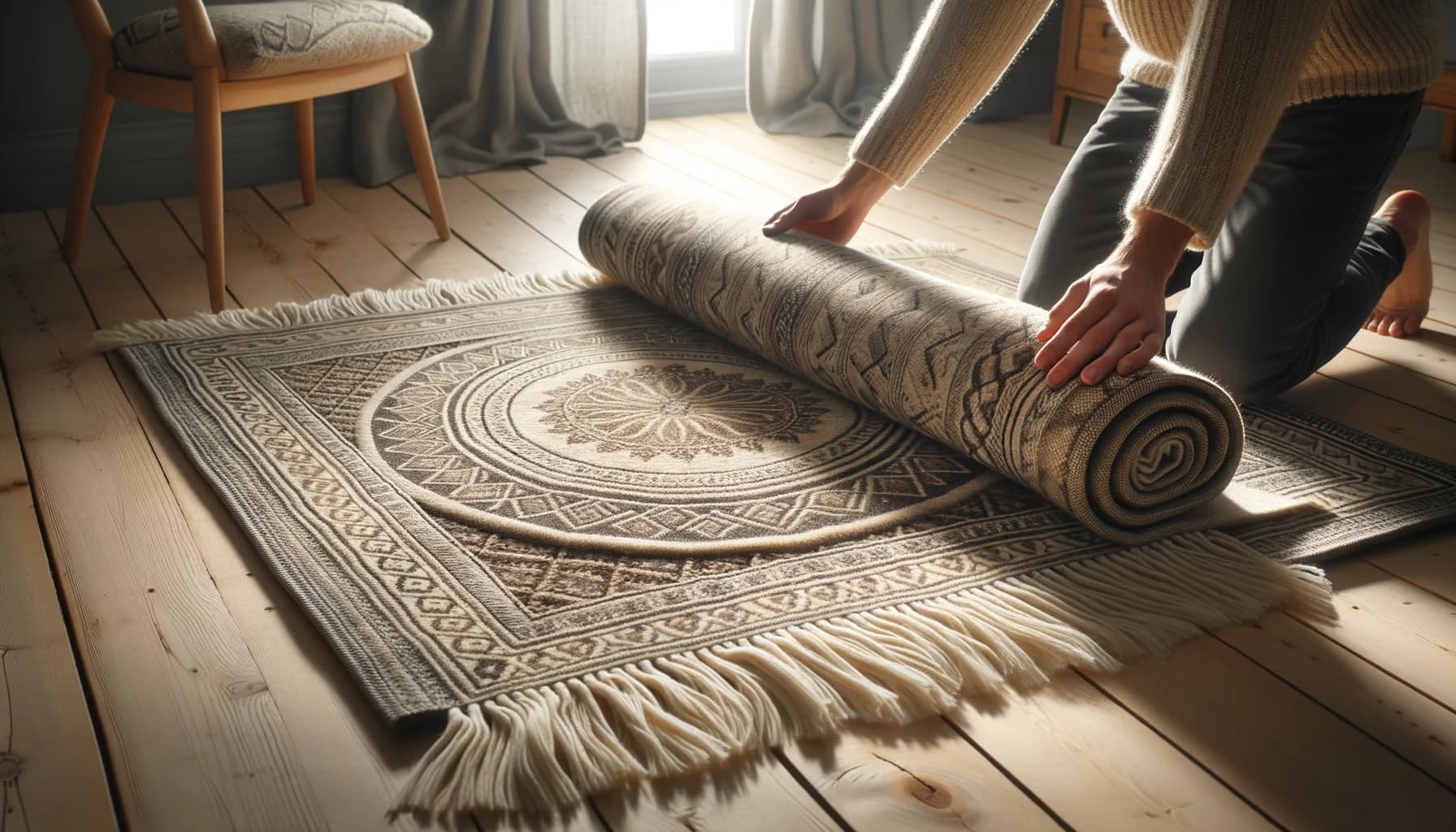 Handknuten ullmatta som rullas ut på ekgolv och avslöjar skandinaviskt mönster