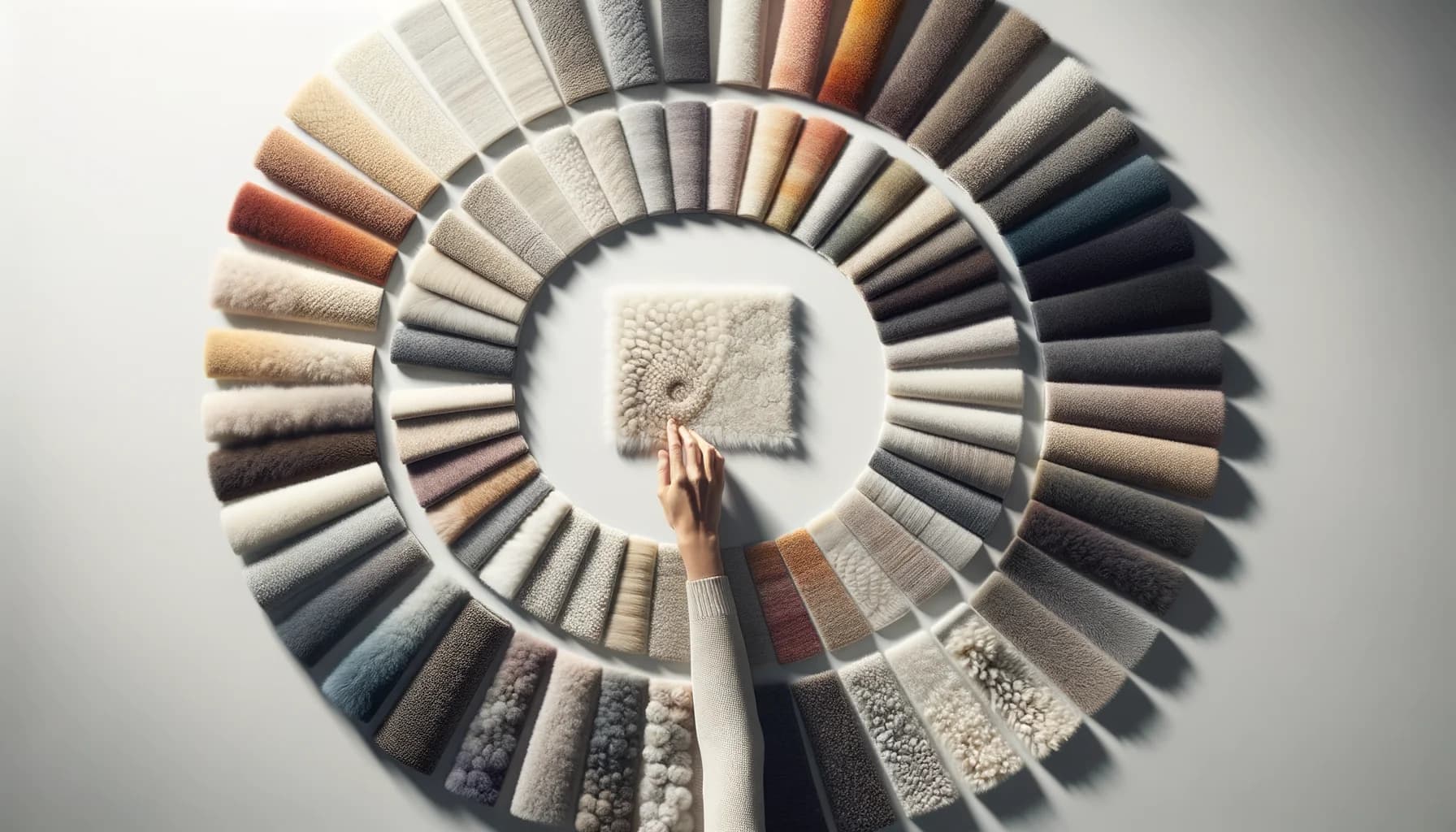 Ullmatteprover i olika färger och texturer utfläktade som färgkarta