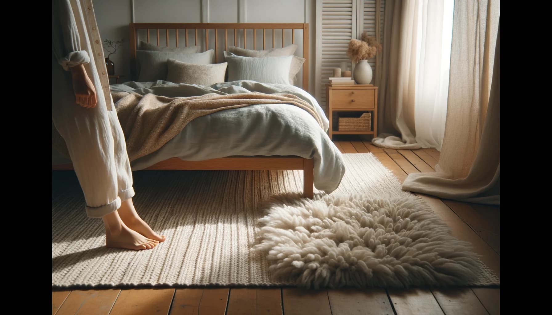 Fridfullt skandinaviskt sovrum med lyxig ullmatta bredvid sängen i morgonljus