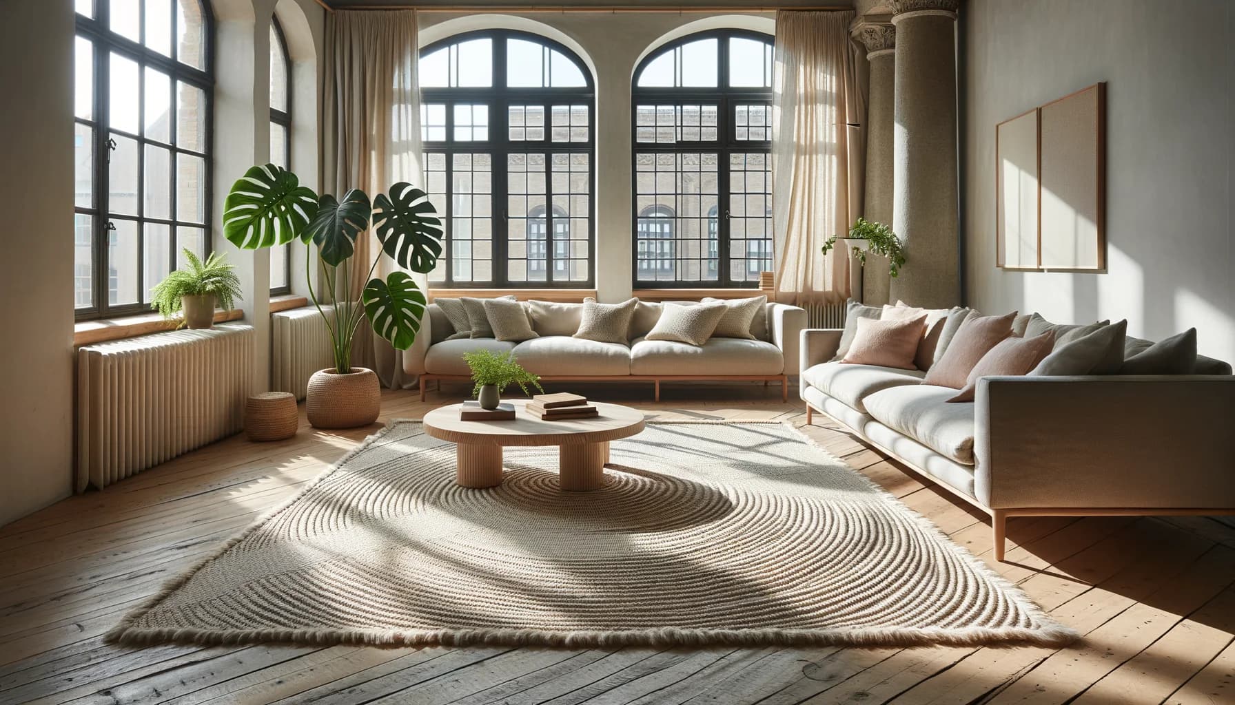 Rymligt skandinaviskt vardagsrum med stor handknuten ullmatta i beige och grått som centerpiece