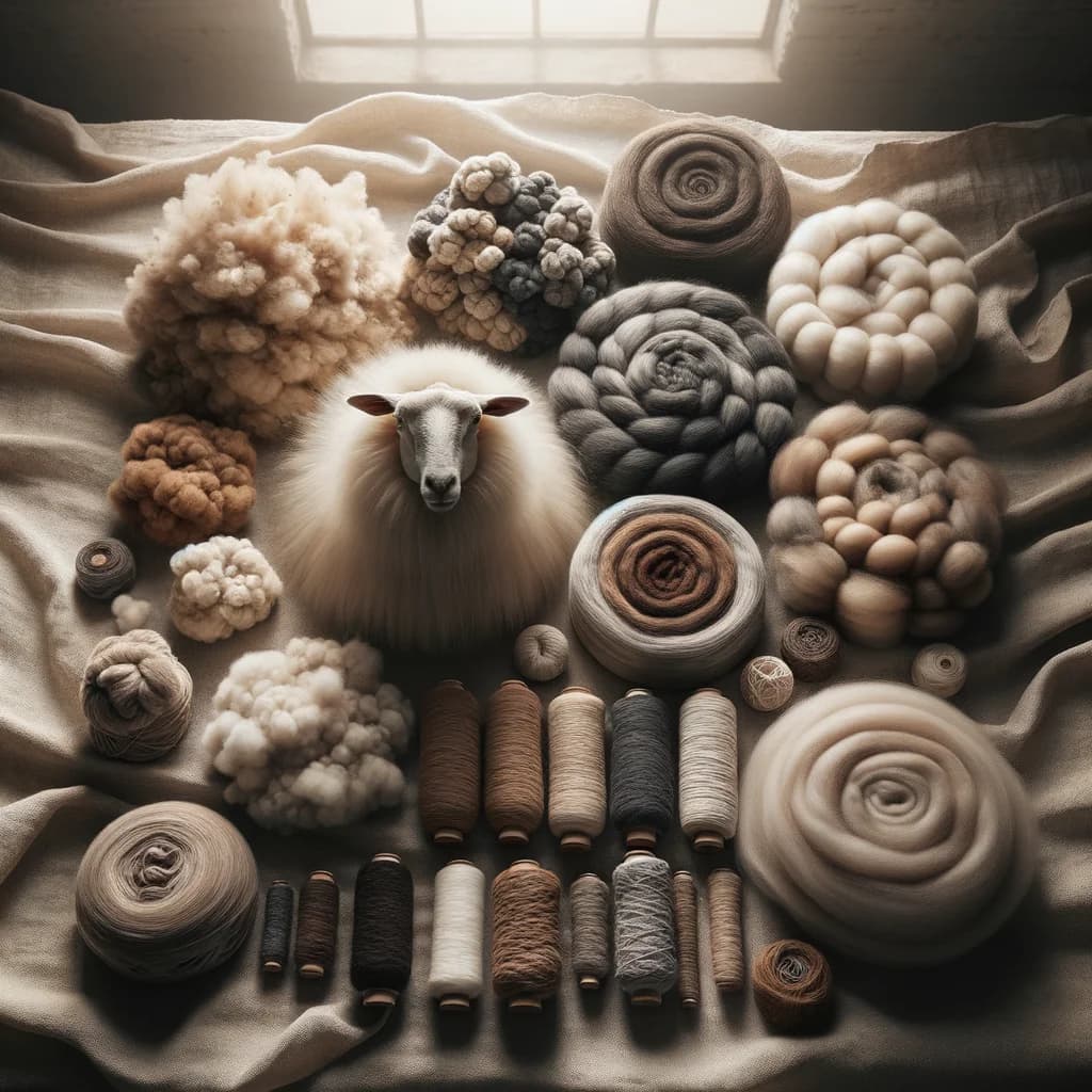 Naturlig ull i olika stadier från rå fäll till kardad ull och spunnet garn