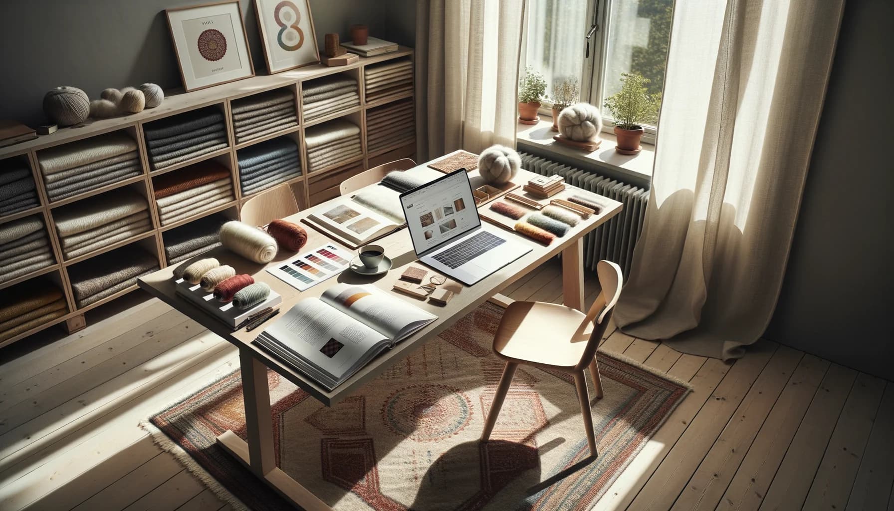 Arbetsplats med böcker om textilier, ullprover och laptop i skandinavisk miljö