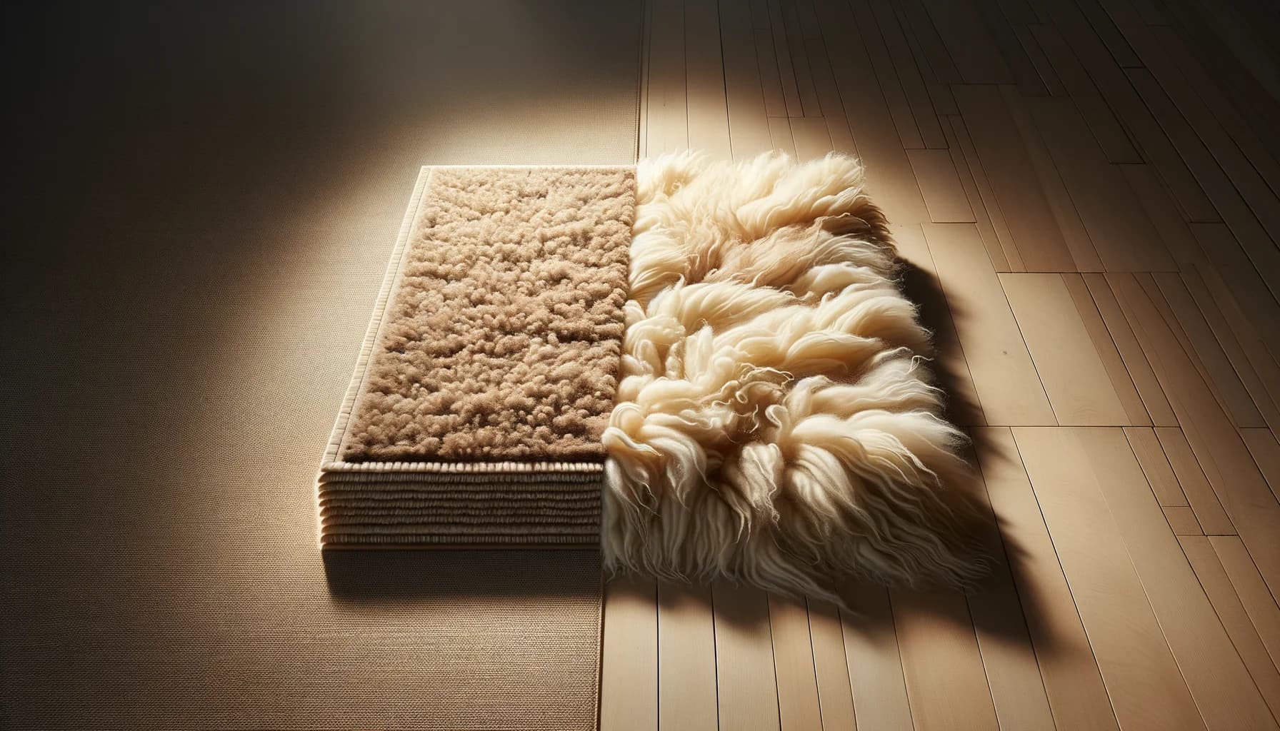 Jämförelse mellan naturlig ullmatta och syntetmatta som visar texturskillnader